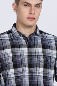 Navy Madras Checked Double Pocket Shirt