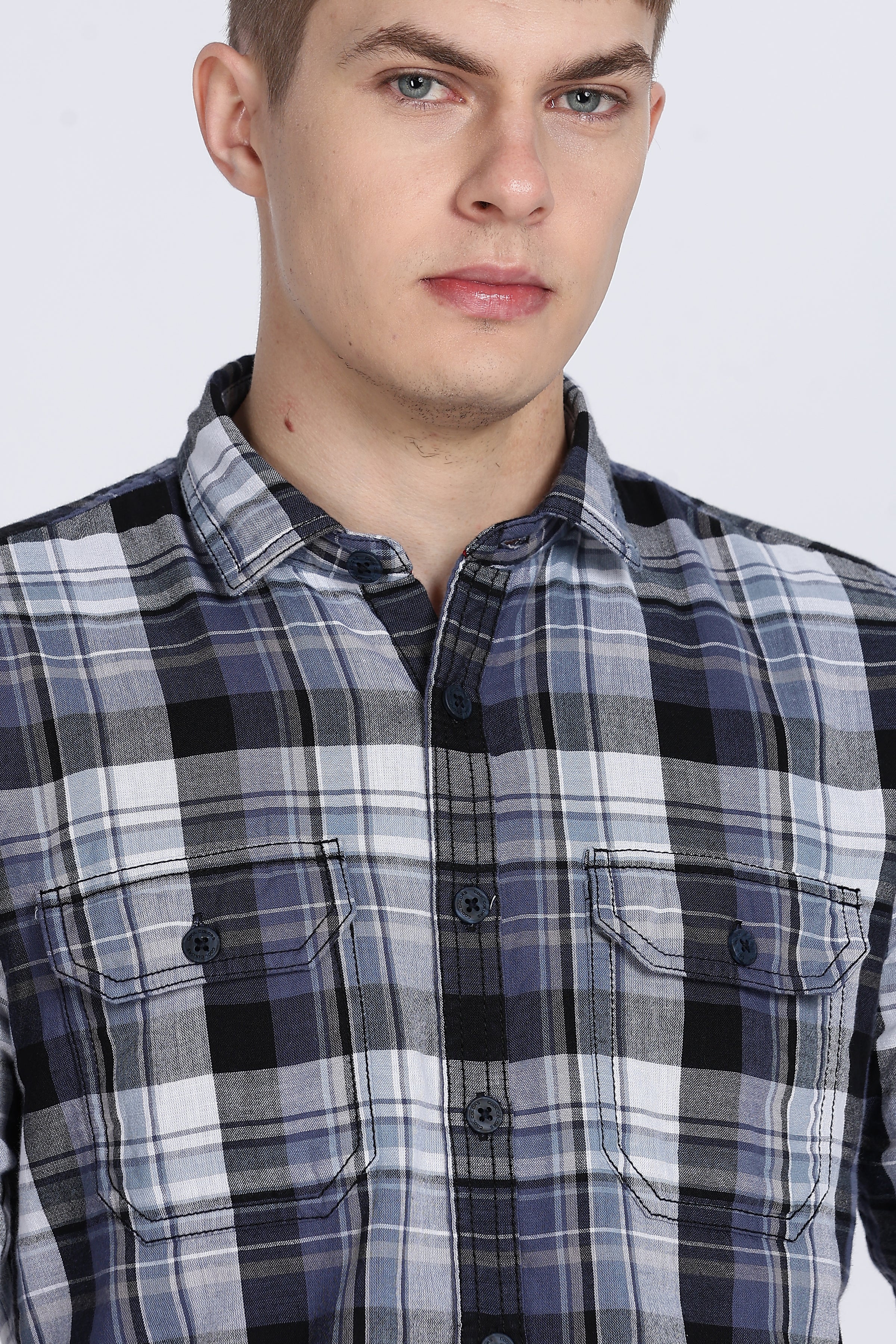 Navy Madras Checked Double Pocket Shirt