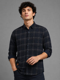 Men Navy Slim Fit Windowpane Check Full Sleeve Casual Shirt