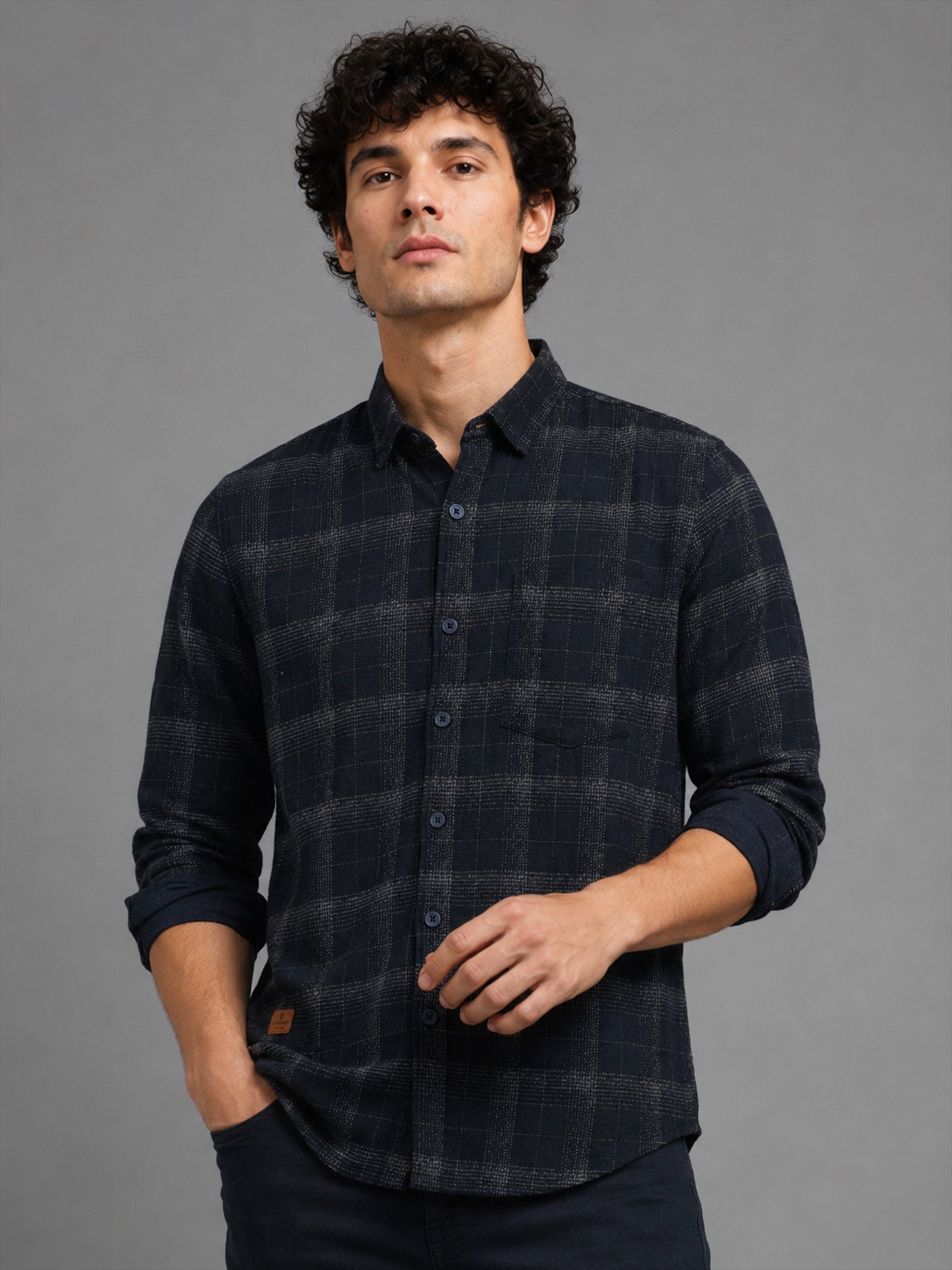 Men Navy Slim Fit Windowpane Check Full Sleeve Casual Shirt