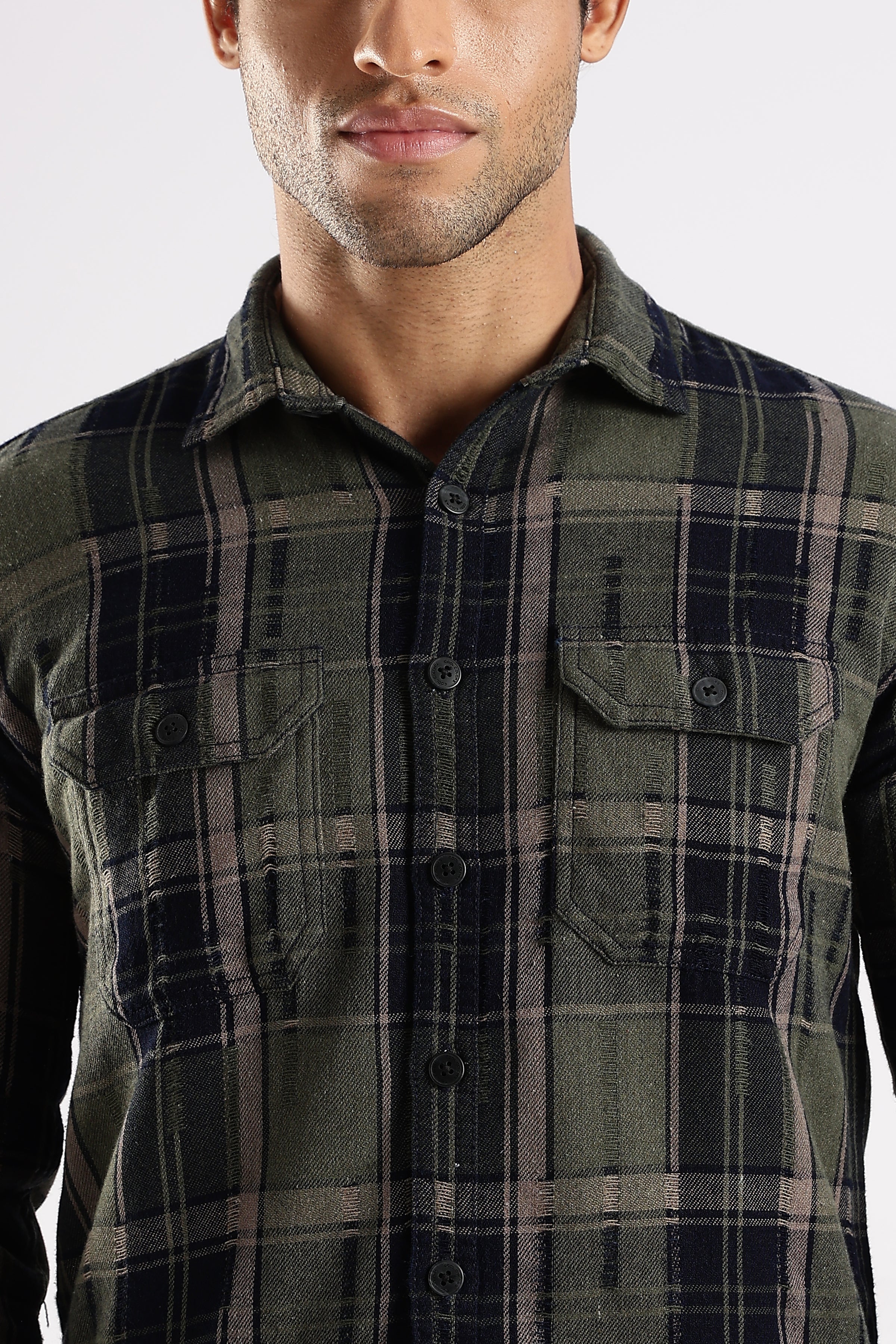 Olive Turquoise Textured Checks Slim Fit Double Pocket Full Sleeve Shirt