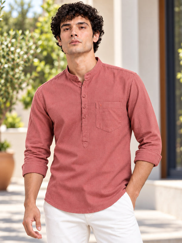 Men Dusty Rose Slim Fit Solid Linen Texture Casual Kurta Shirt
