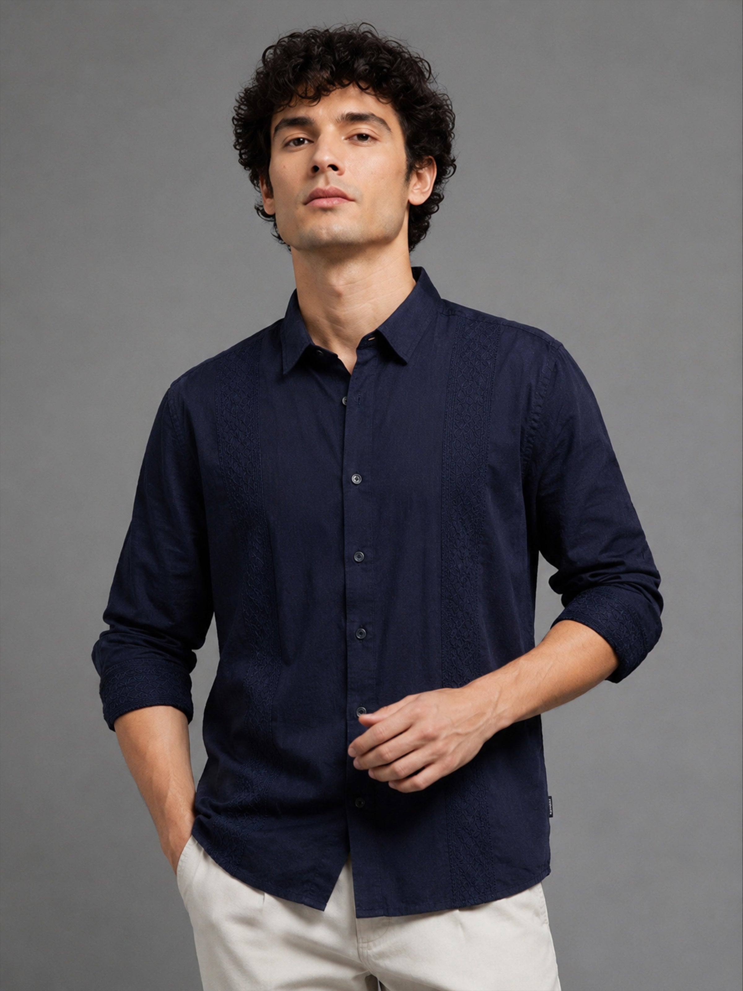 Men Navy Slim Fit Embroidered Full Sleeve Casual Shirt