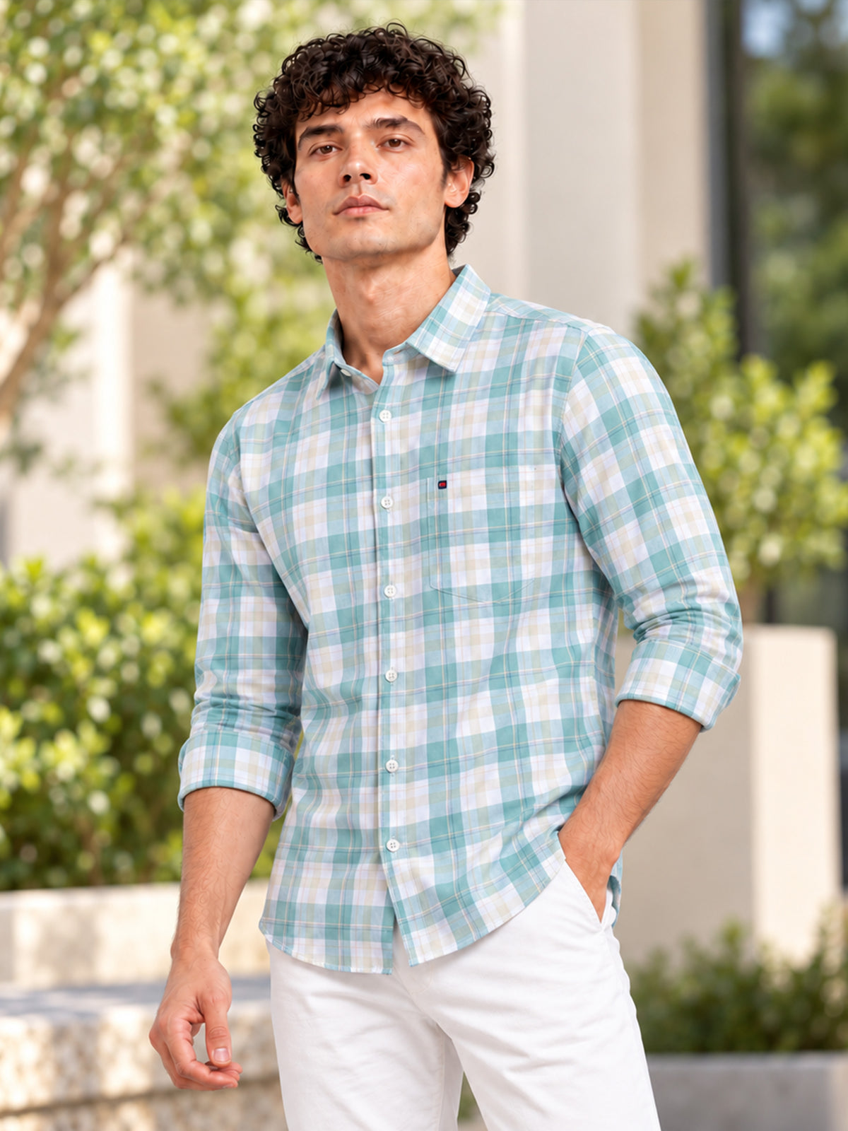 Men Green Slim Fit Tartan checkered Casual Shirt