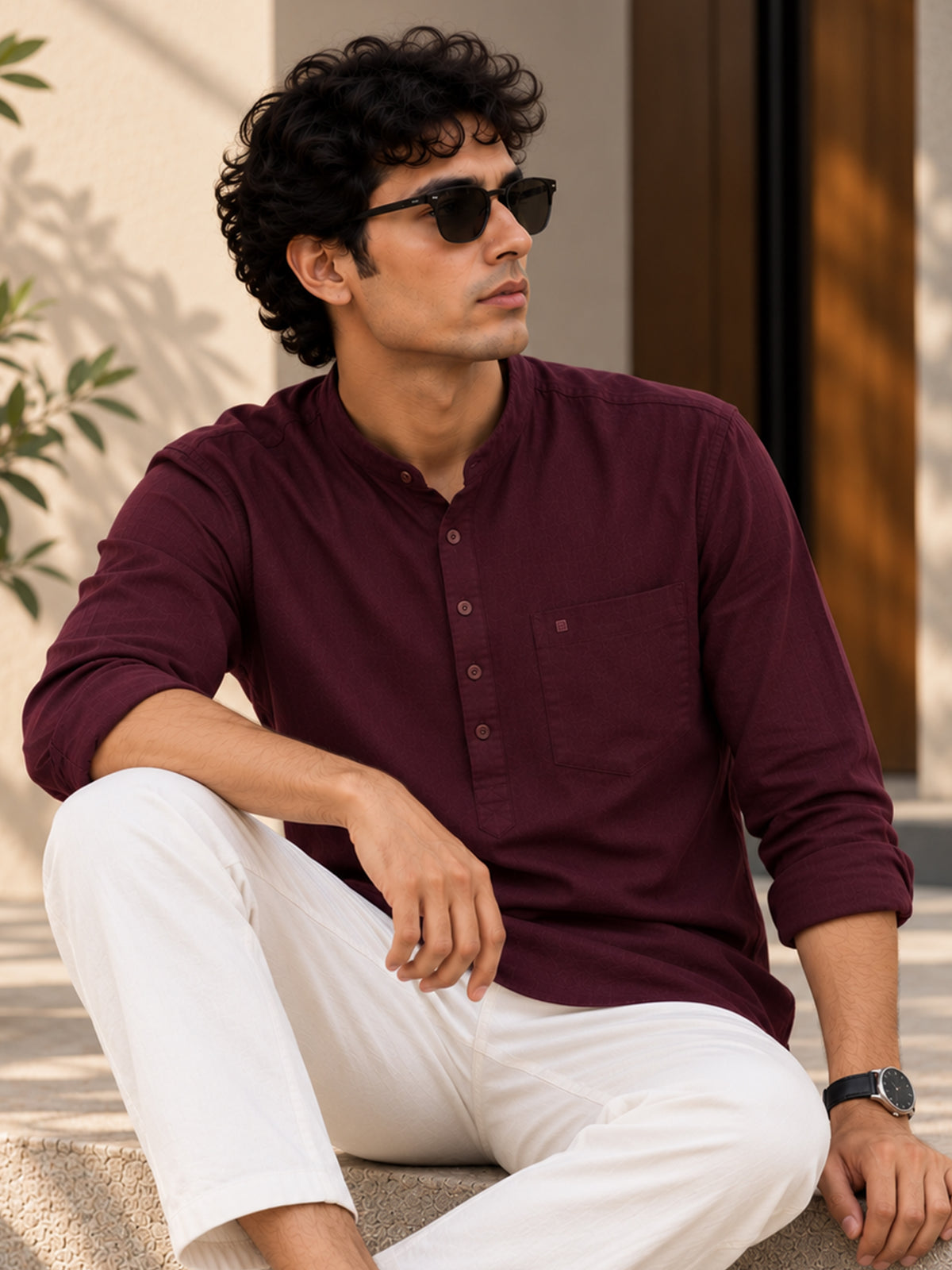 Men Wine Slim Fit Solid Linen Texture Casual Kurta Shirt