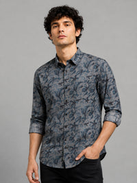 Men Navy Slim Fit Floral Printed Full Sleeve Casual Shirt