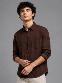Men Brown Slim Fit Embroidered Full Sleeve Casual Shirt