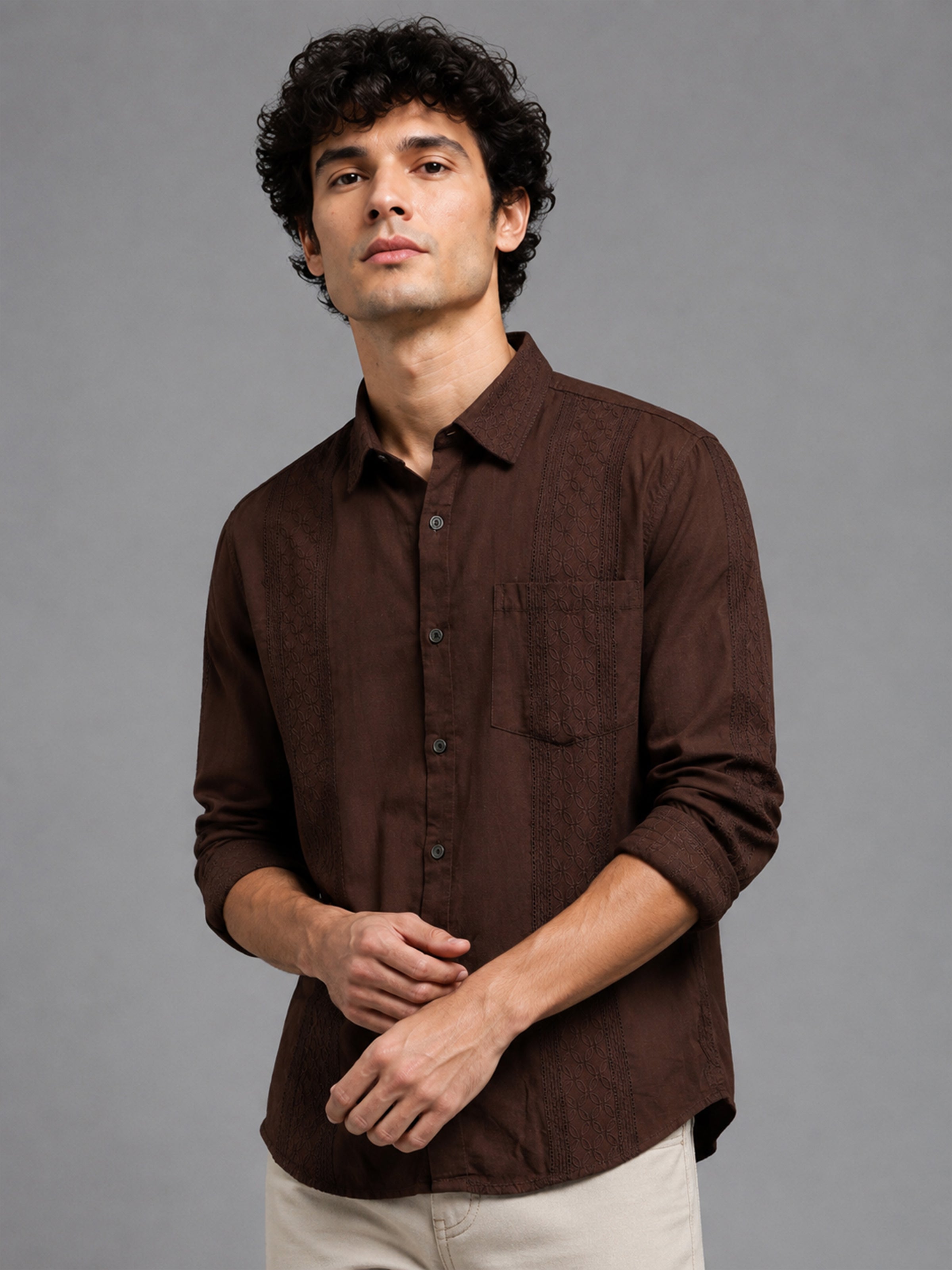 Men Brown Slim Fit Embroidered Full Sleeve Casual Shirt