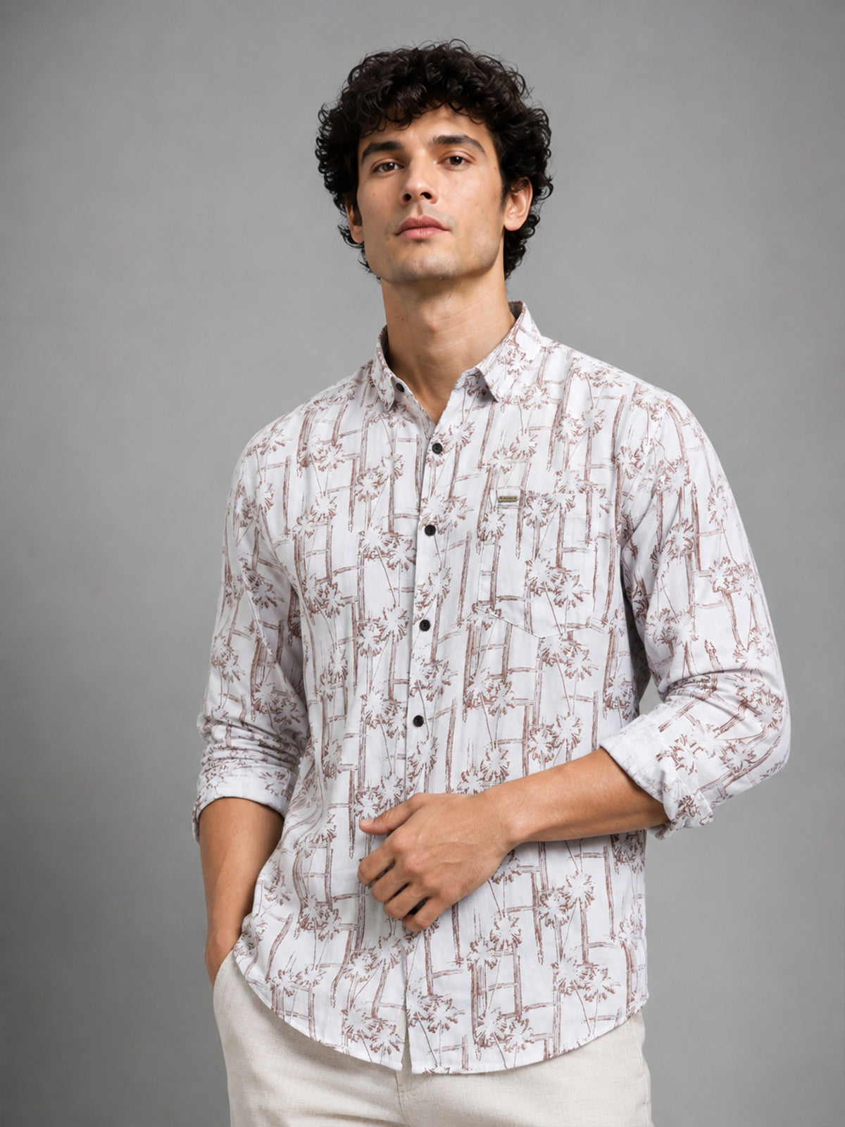 Men Brown Slim Fit Printed Full Sleeve Casual Shirt