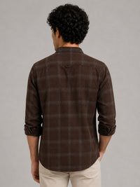Men Dark Brown Slim Fit Windowpane Check Full Sleeve Casual Shirt