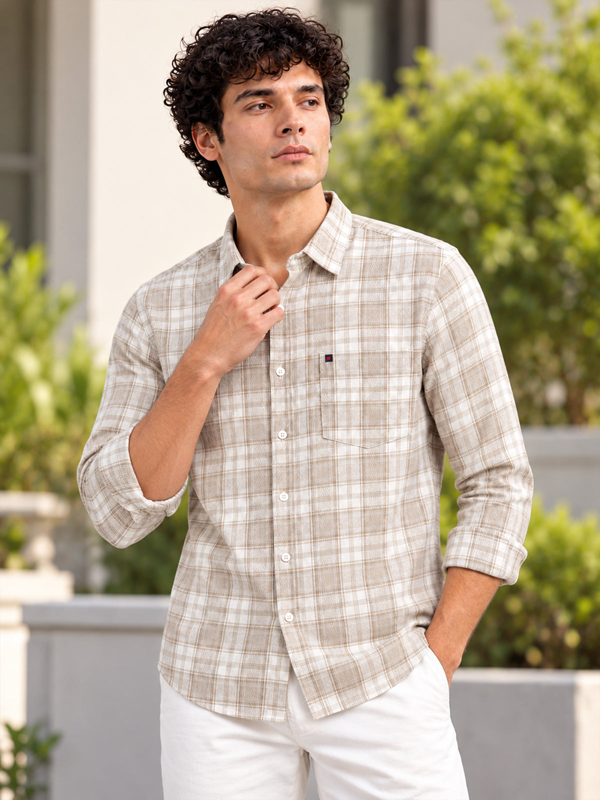 Men’s Beige Windowpane Checked Slim Fit Casual Shirt