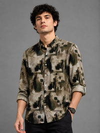 Men Green Slim Fit Corduroy Printed Full Sleeve Casual Shirt