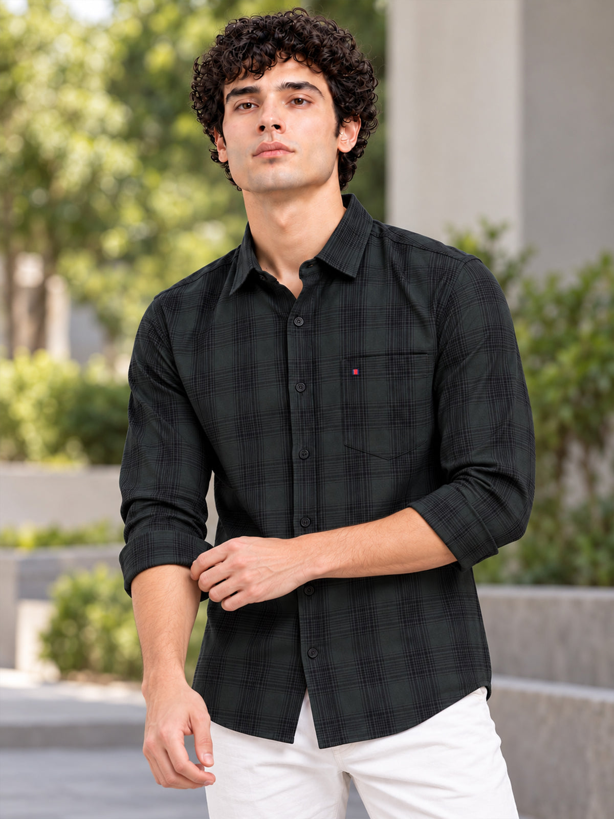 Men Green Tartan Checked Slim Fit Casual Shirt