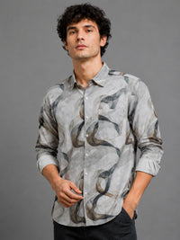 Men Light Green  Slim Fit Artistic Abstract Print Full Sleeve Casual Shirt