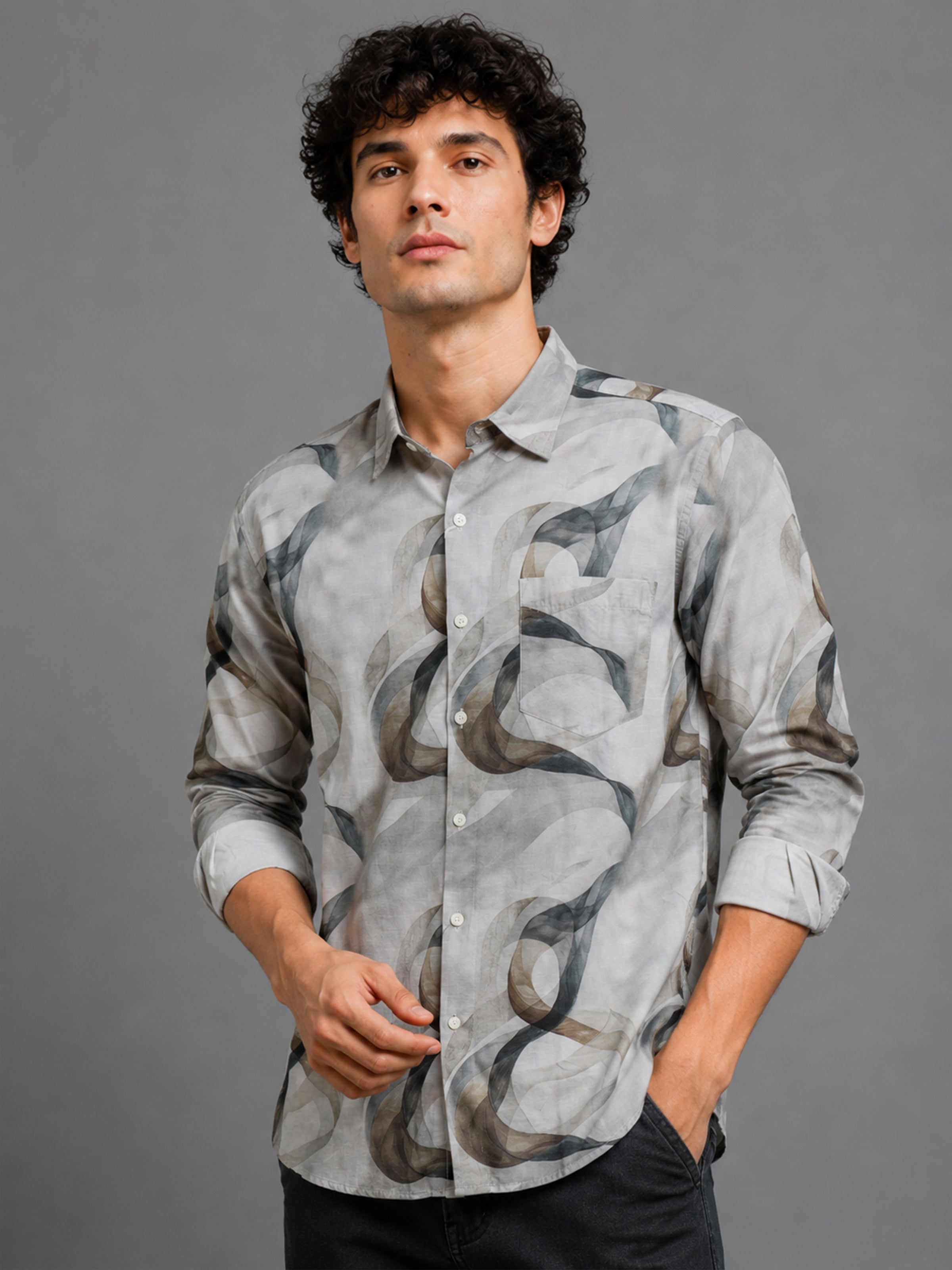 Men Light Green  Slim Fit Artistic Abstract Print Full Sleeve Casual Shirt