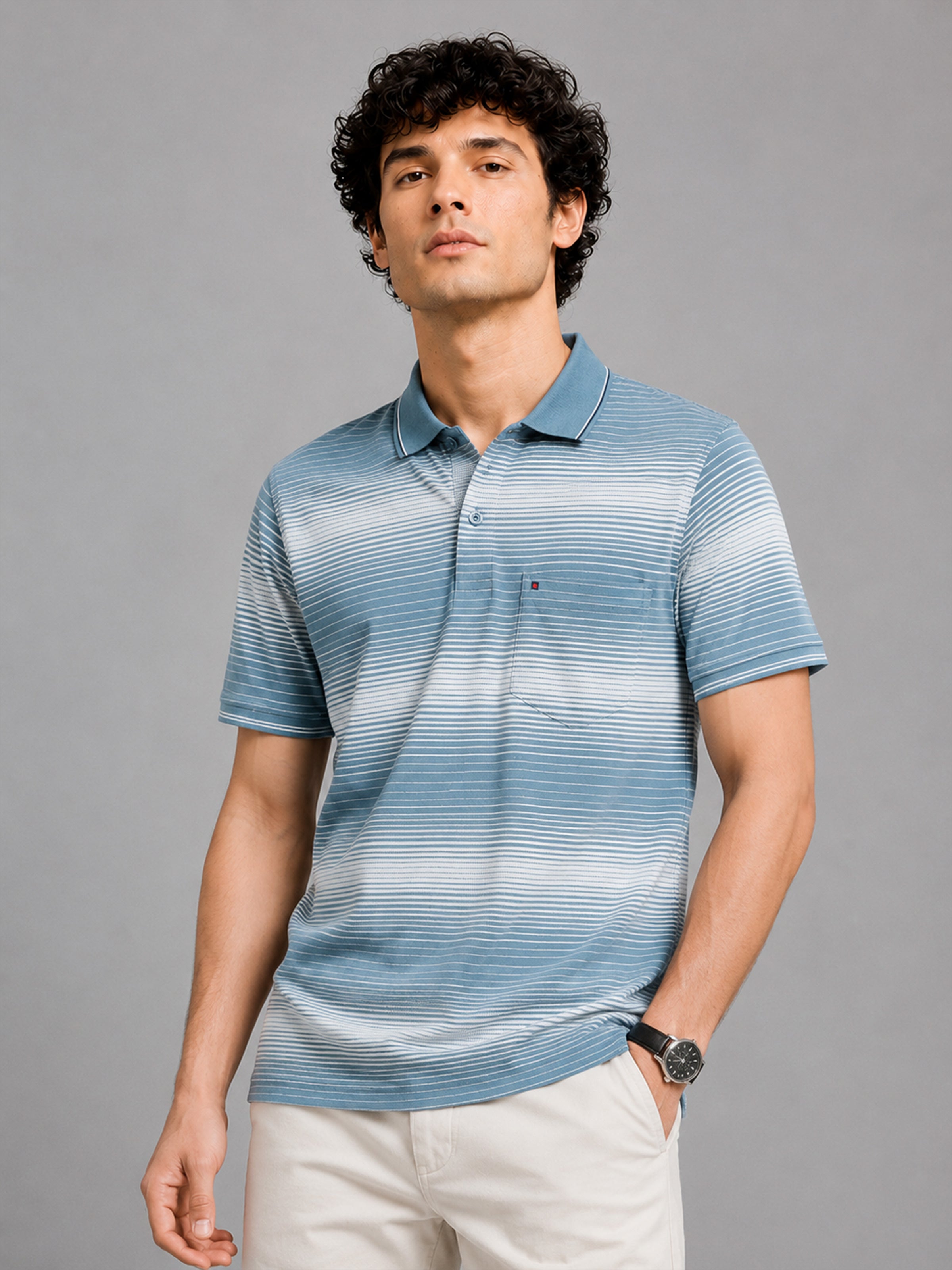 Men Light Blue Slim Fit Striped Short Sleeves Polo Collar Casual T-Shirt with Chest Pocket