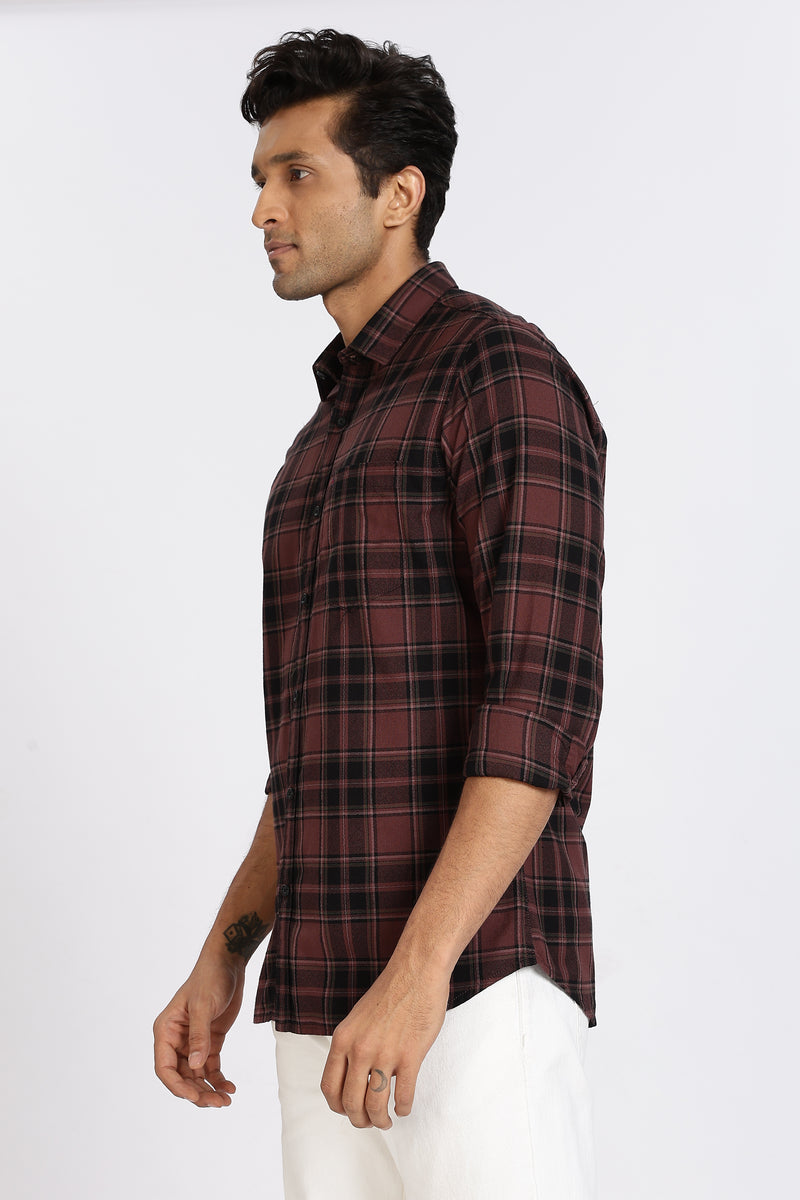 Men Brown Vintage Checks Full Sleeve Slim Fit Casual Shirts