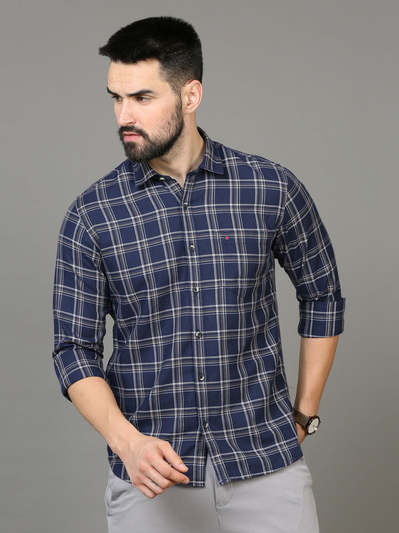 Shop Men's Blue Slim Fit Checks Full Sleeves Casual Shirts Online.