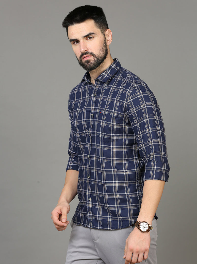 Shop Men's Blue Slim Fit Checks Full Sleeves Casual Shirts Online.