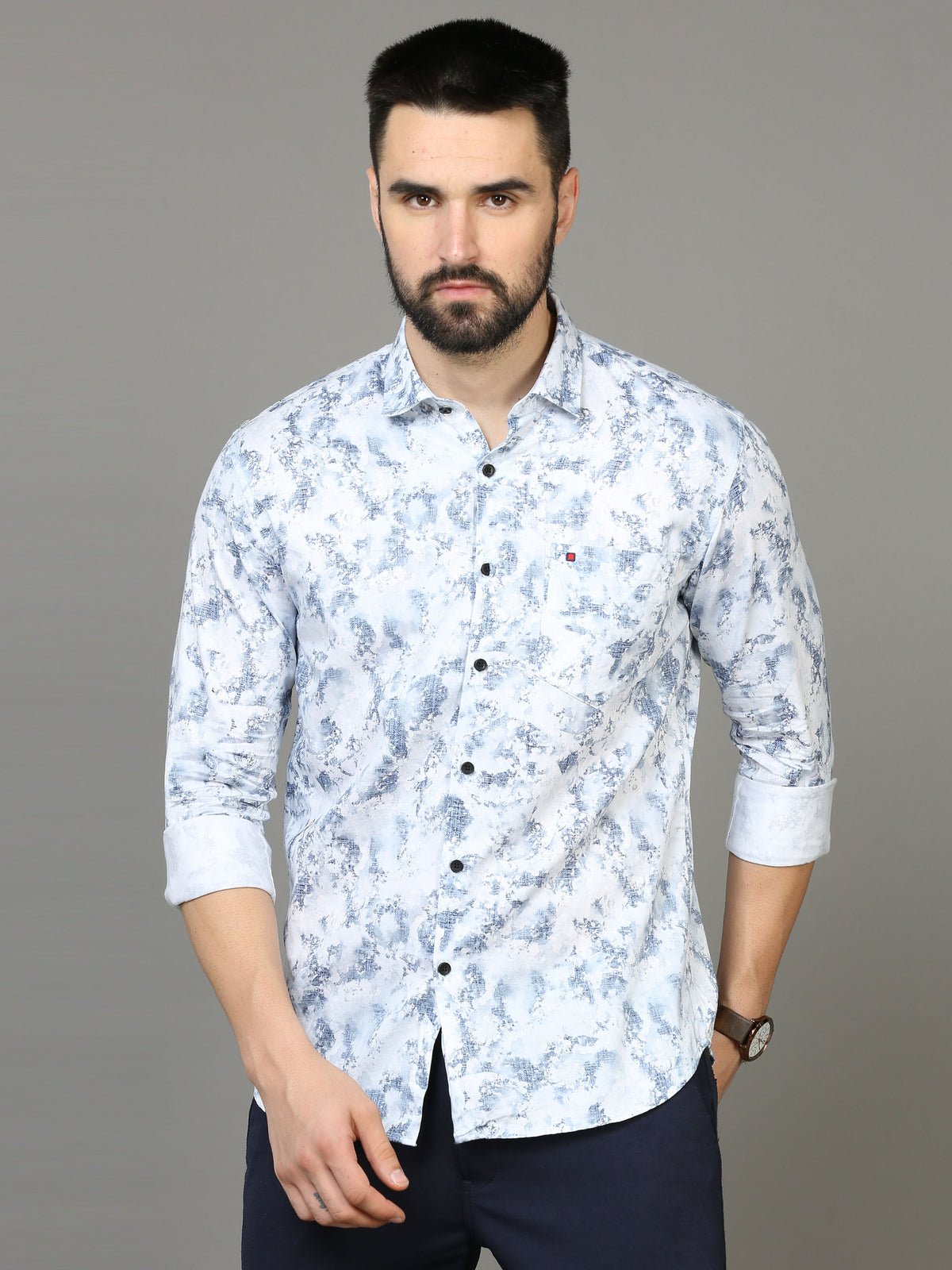 Shop Men's Blue Slim Fit Full Sleeves Casual Printed Shirts Online.