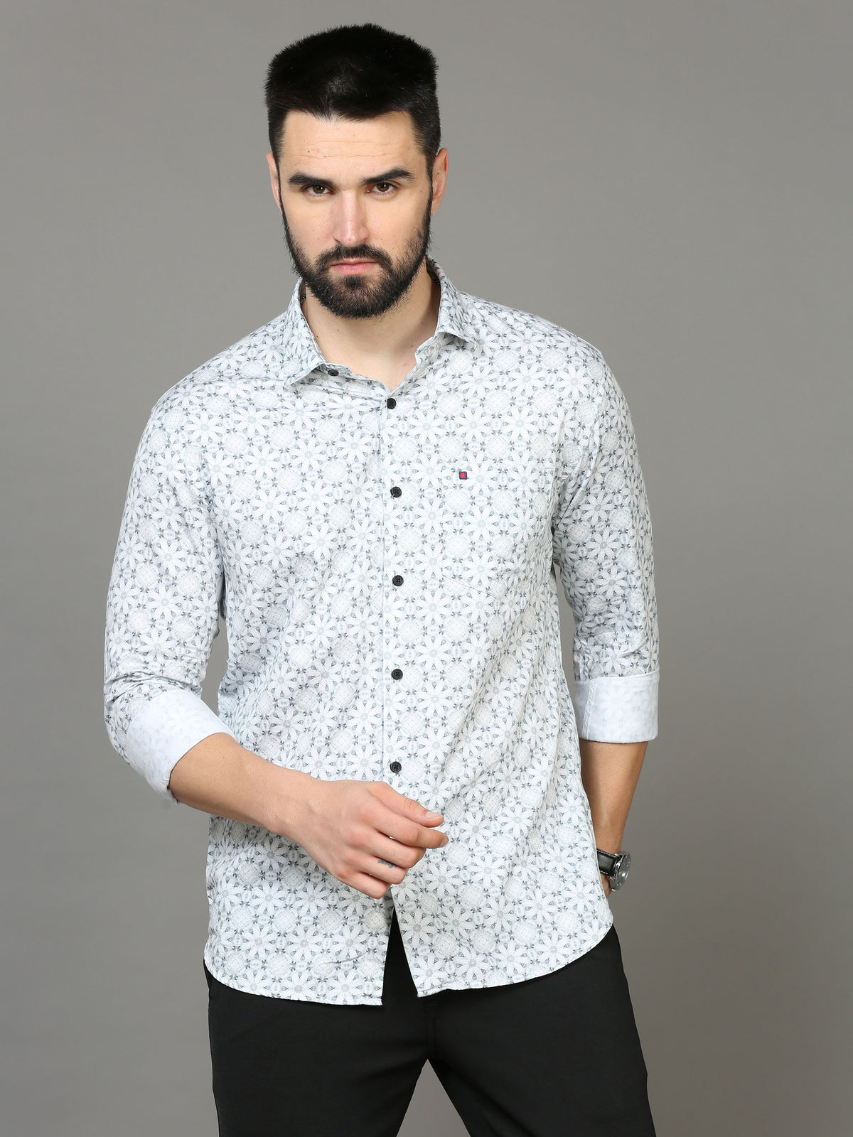 Men's Light Grey Slim Fit Printed Full Sleeves Casual Shirts