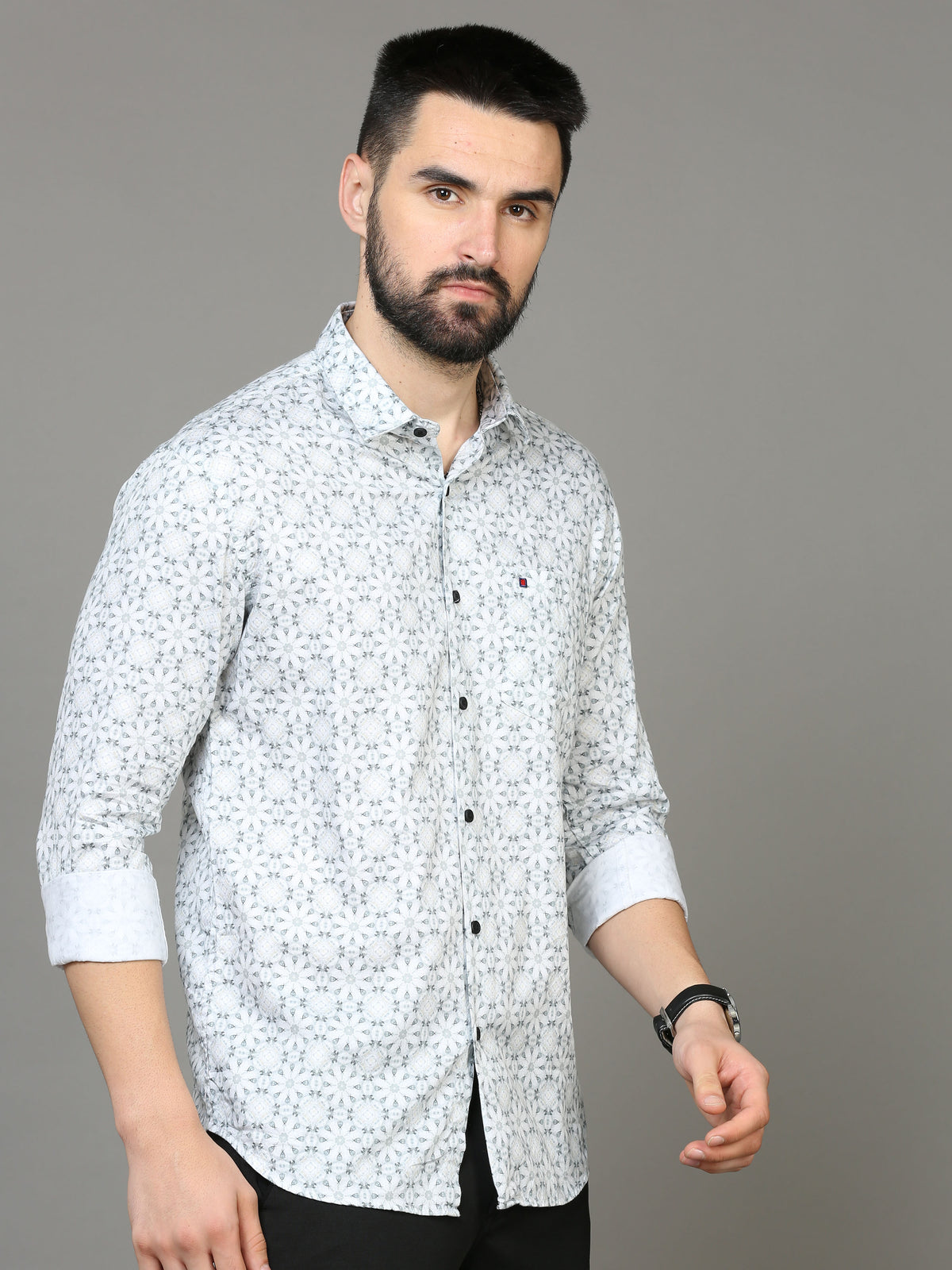 Men's Light Grey Slim Fit Printed Full Sleeves Casual Shirts