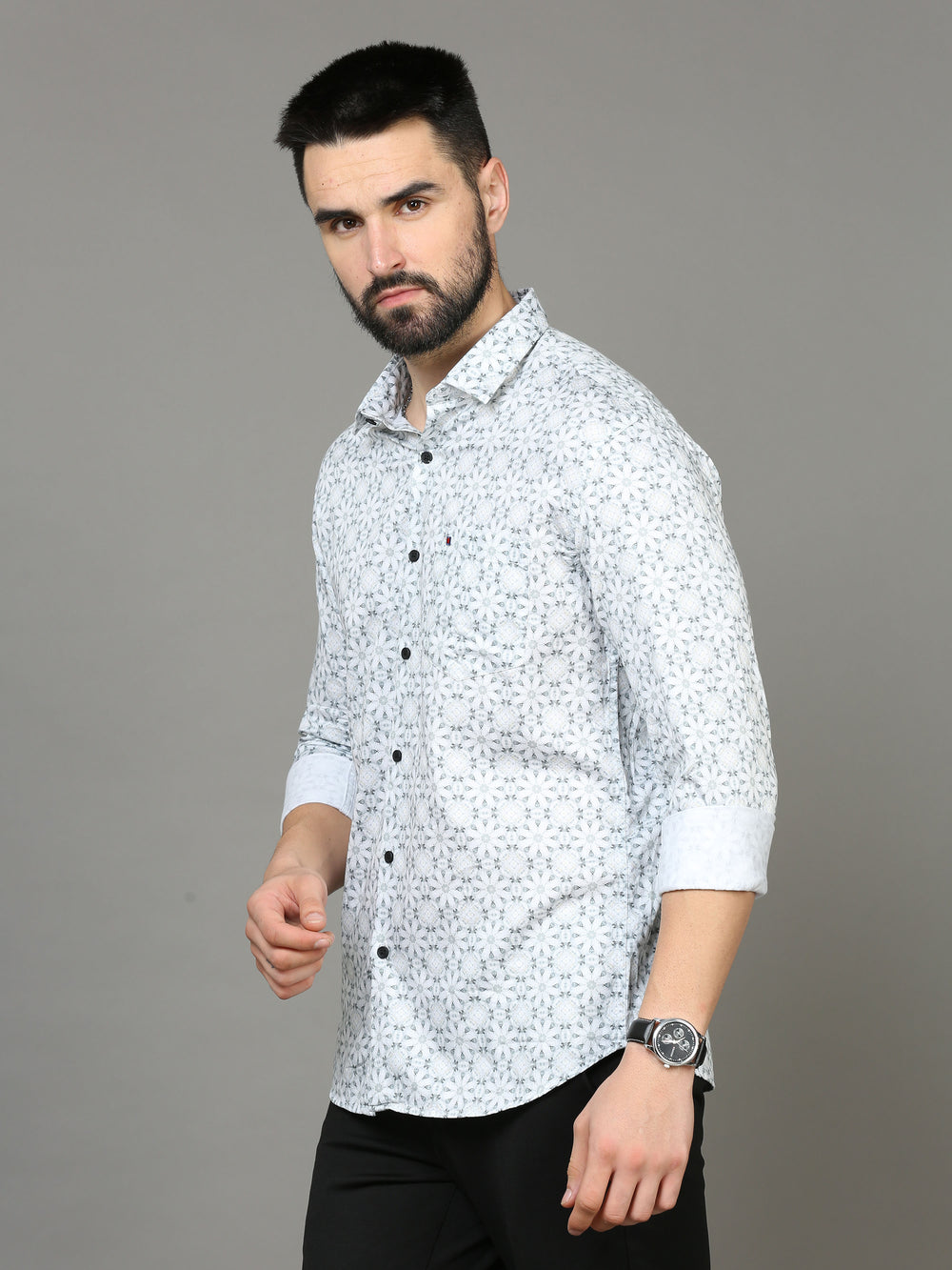 Men's Light Grey Slim Fit Printed Full Sleeves Casual Shirts
