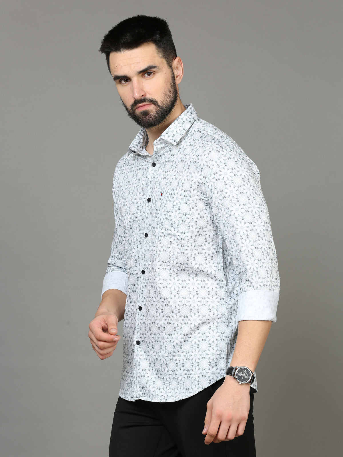 Men's Light Grey Slim Fit Printed Full Sleeves Casual Shirts