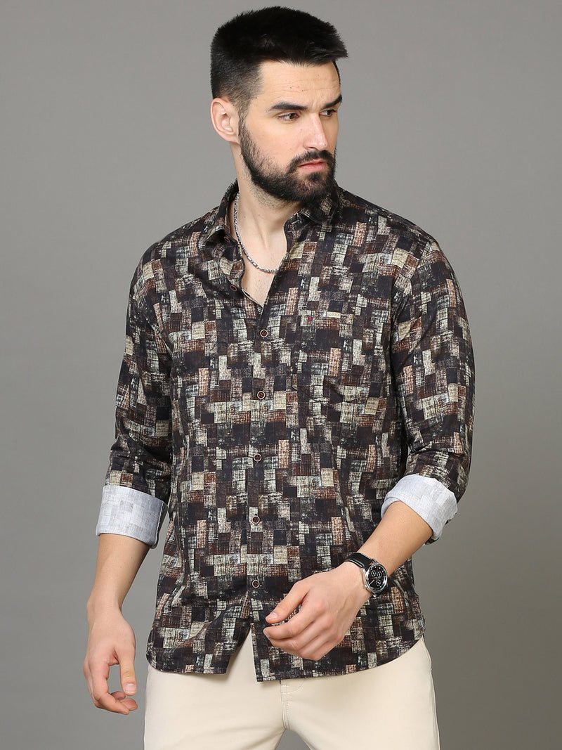 Shop Men's Brown & Grey Slim Fit Printed Full Sleeves Casual Shirt Online.