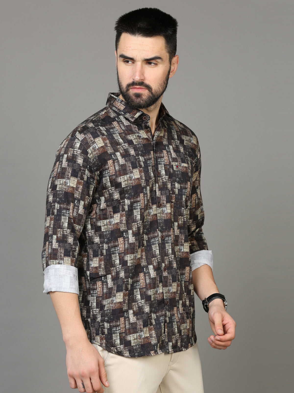 Shop Men's Brown & Grey Slim Fit Printed Full Sleeves Casual Shirt Online.