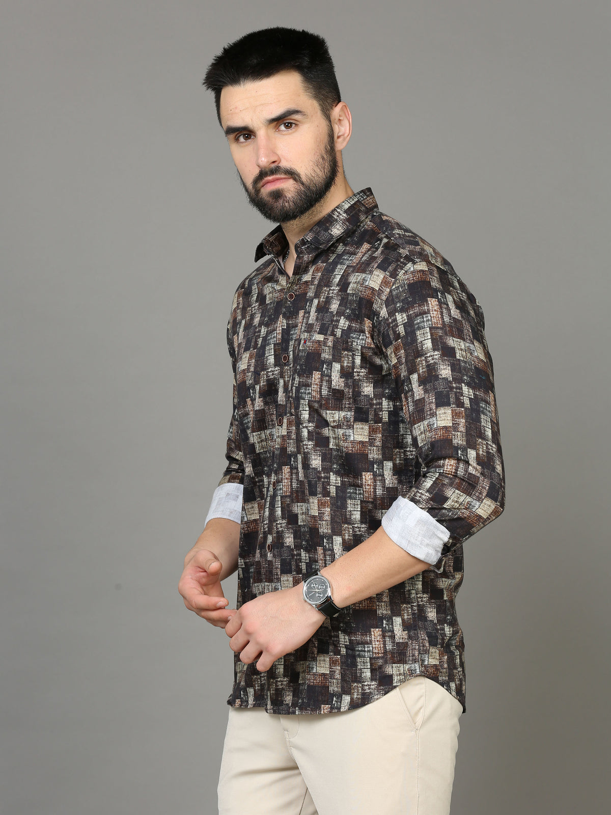 Shop Men's Brown & Grey Slim Fit Printed Full Sleeves Casual Shirt Online.