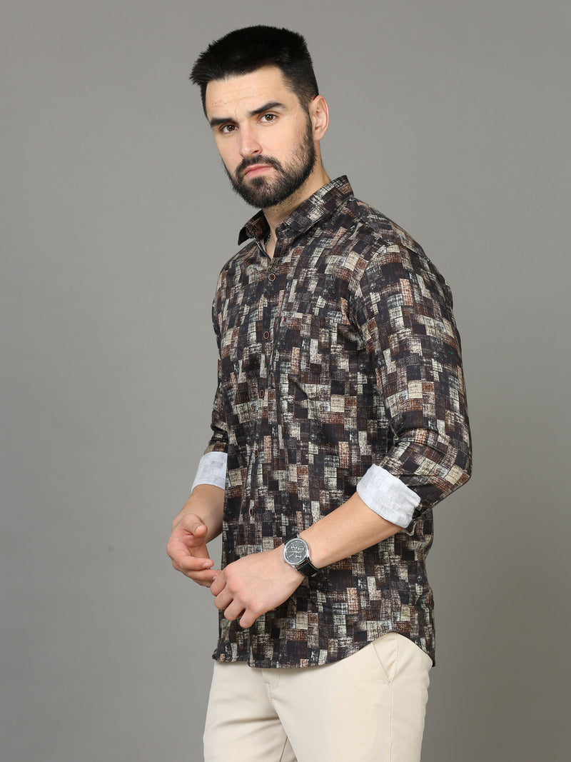 Shop Men's Brown & Grey Slim Fit Printed Full Sleeves Casual Shirt Online.