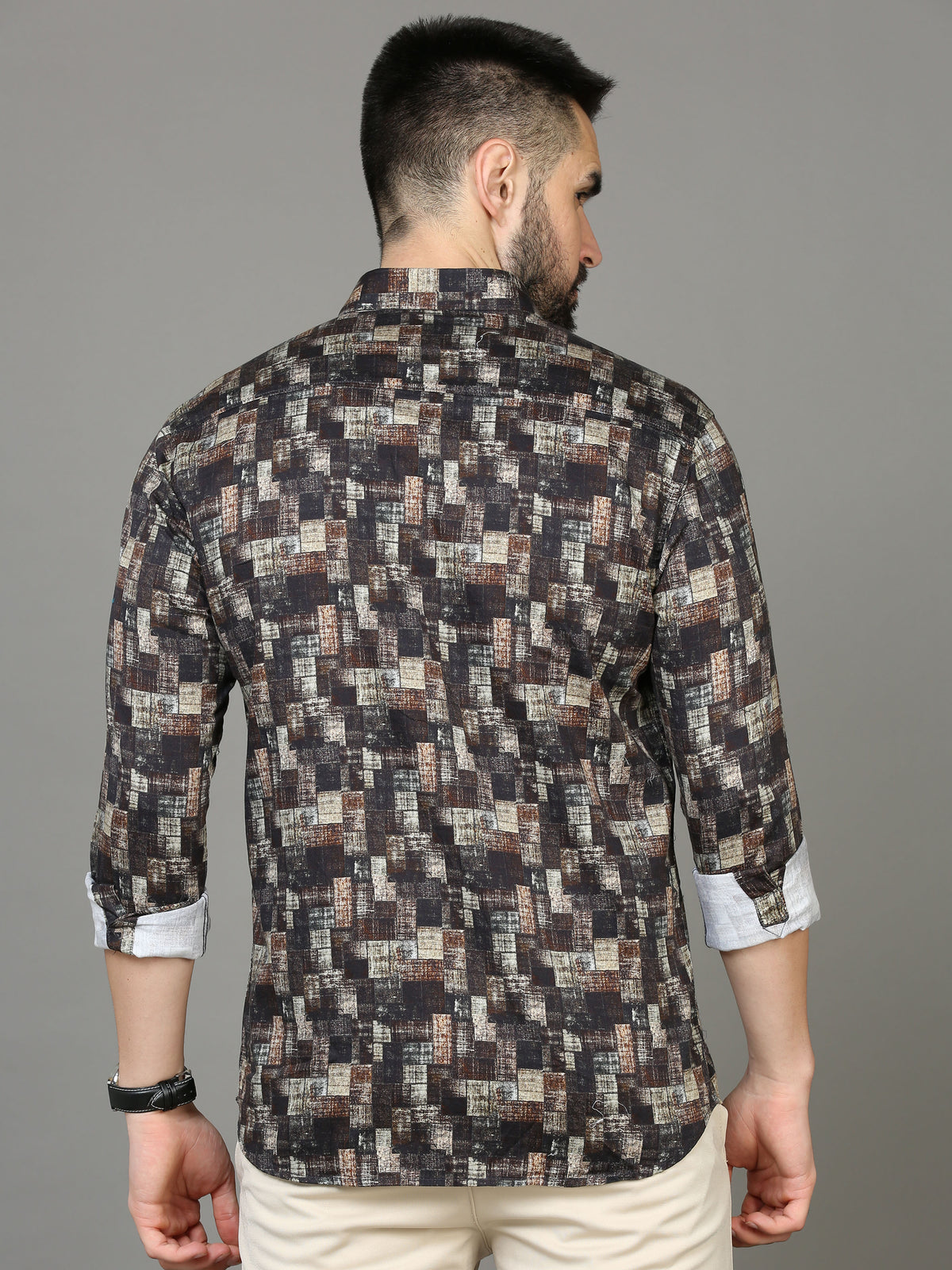 Shop Men's Brown & Grey Slim Fit Printed Full Sleeves Casual Shirt Online.