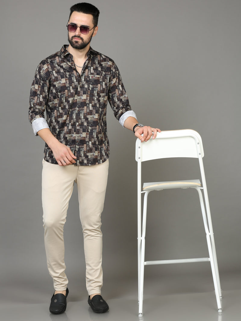 Shop Men's Brown & Grey Slim Fit Printed Full Sleeves Casual Shirt Online.