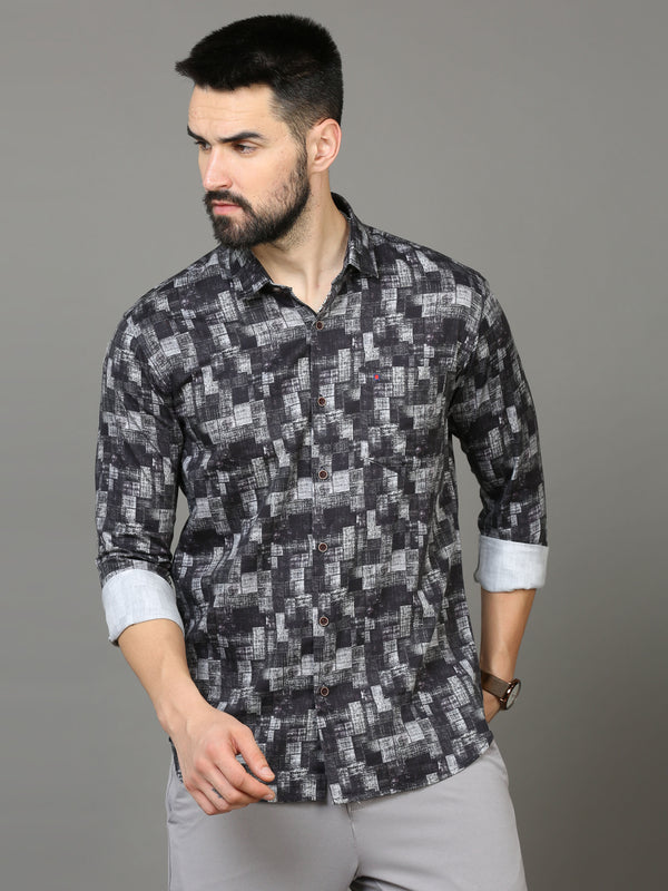 Men's Black Grey Slim Fit Printed Full Sleeves Casual Shirt