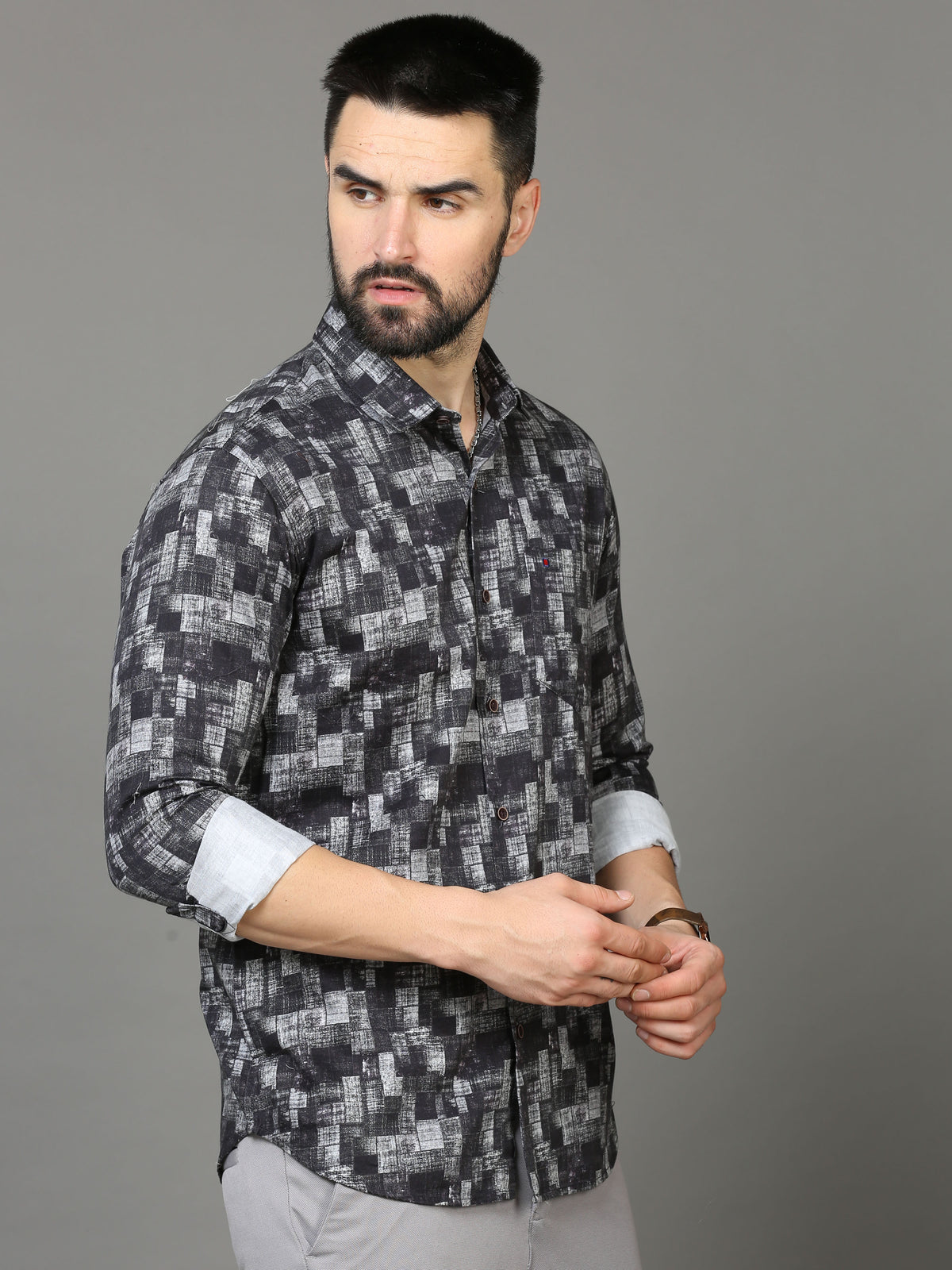 Shop Men's Black & Grey Slim Fit Printed Full Sleeves Casual Shirt Online.