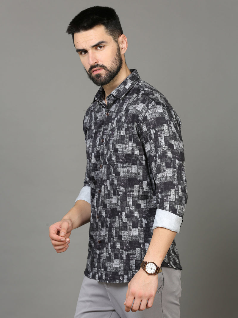 Shop Men's Black & Grey Slim Fit Printed Full Sleeves Casual Shirt Online.