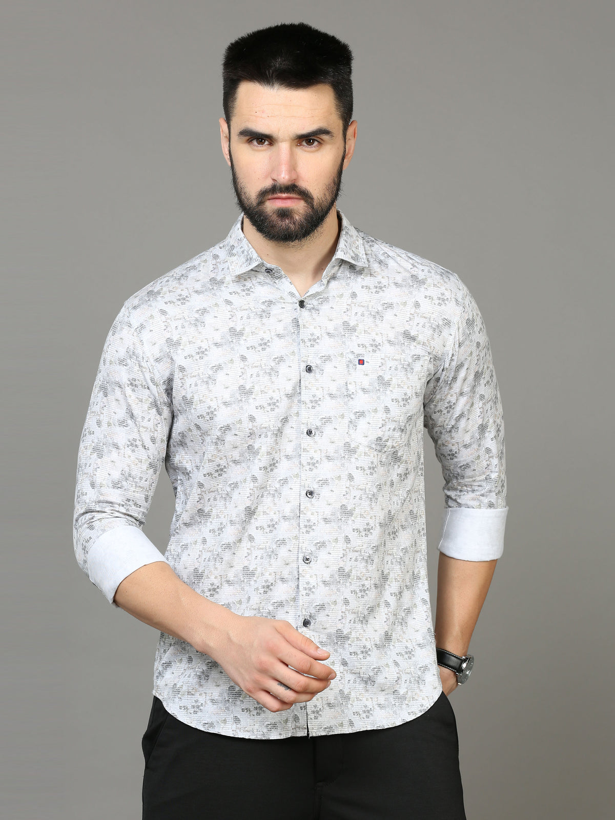 Shop Men's Grey Slim Fit Printed Full Sleeves Casual Shirt Online.