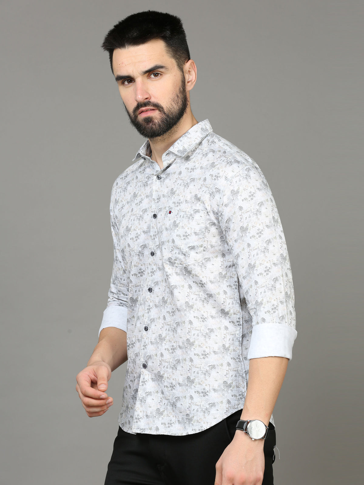 Shop Men's Grey Slim Fit Printed Full Sleeves Casual Shirt Online.