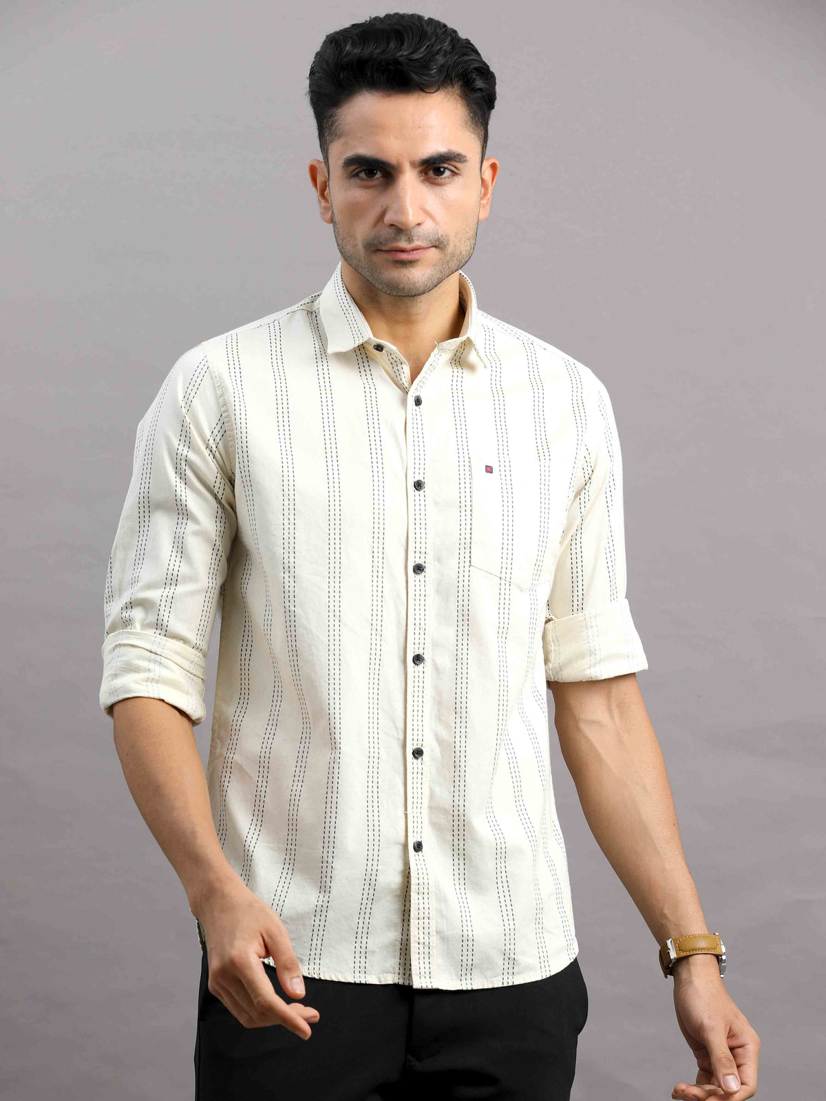 Shop Men's Cream Cotton Slim Fit Full Sleeves Striped Casual Shirt Online.