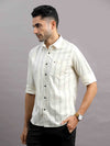 Men's Cream Slim Fit Striped Full Sleeves Casual Shirt