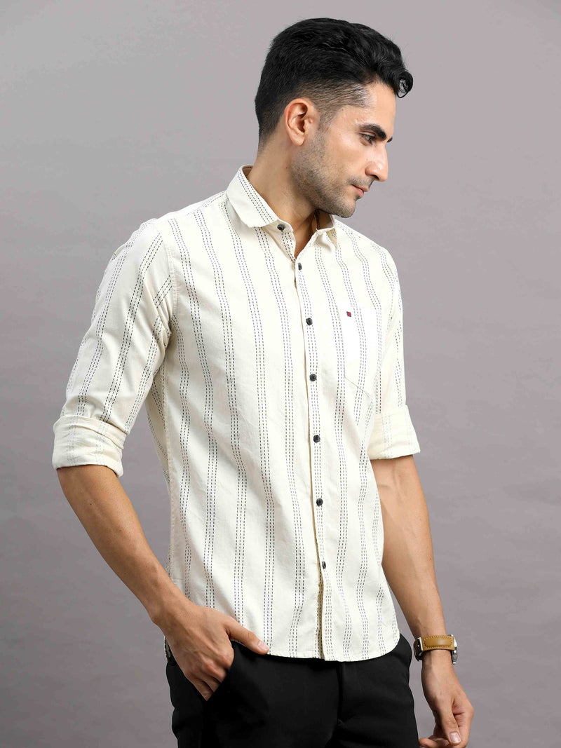 Shop Men's Cream Cotton Slim Fit Full Sleeves Striped Casual Shirt Online.