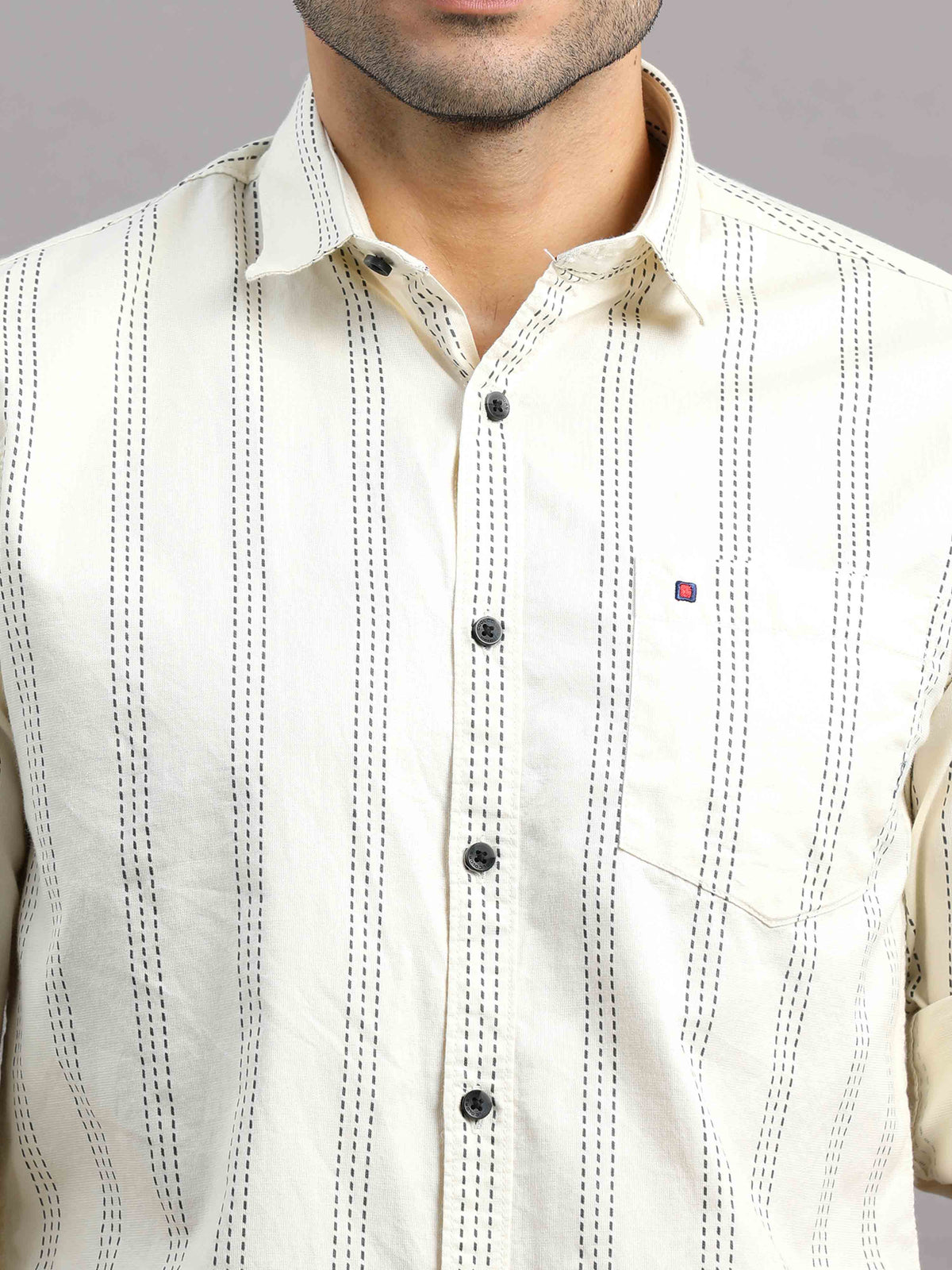 Shop Men's Cream Cotton Slim Fit Full Sleeves Striped Casual Shirt Online.