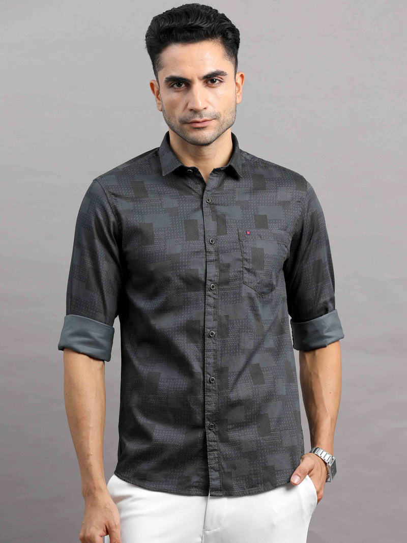 Shop Men's Black Cotton Slim Fit Full Sleeves Printed Casual Shirt Online.