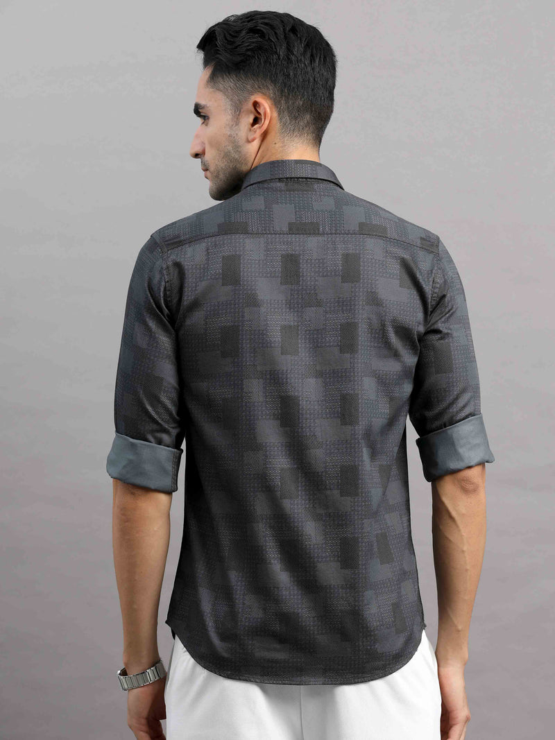 Shop Men's Black Cotton Slim Fit Full Sleeves Printed Casual Shirt Online.