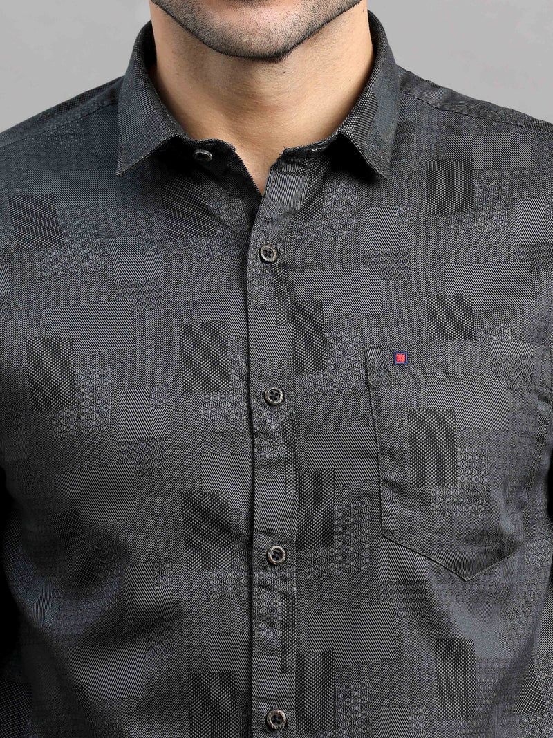 Shop Men's Black Cotton Slim Fit Full Sleeves Printed Casual Shirt Online.