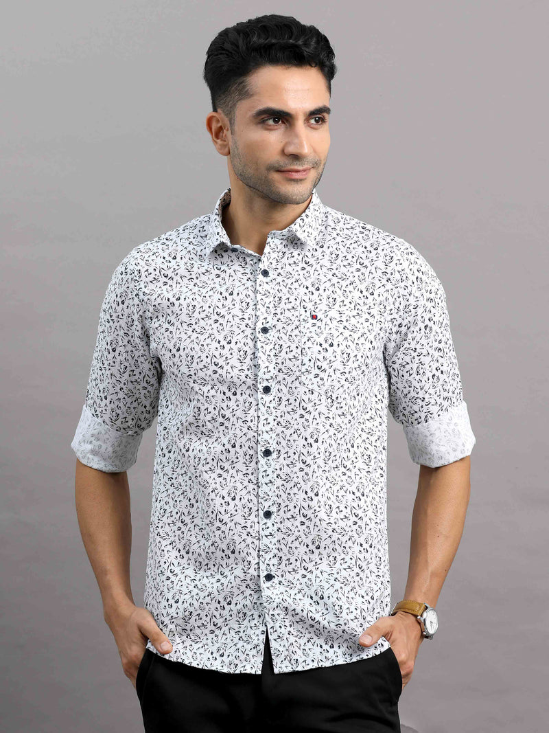 Shop Men's White Cotton Slim Fit Full Sleeves Printed Casual Shirt Online.