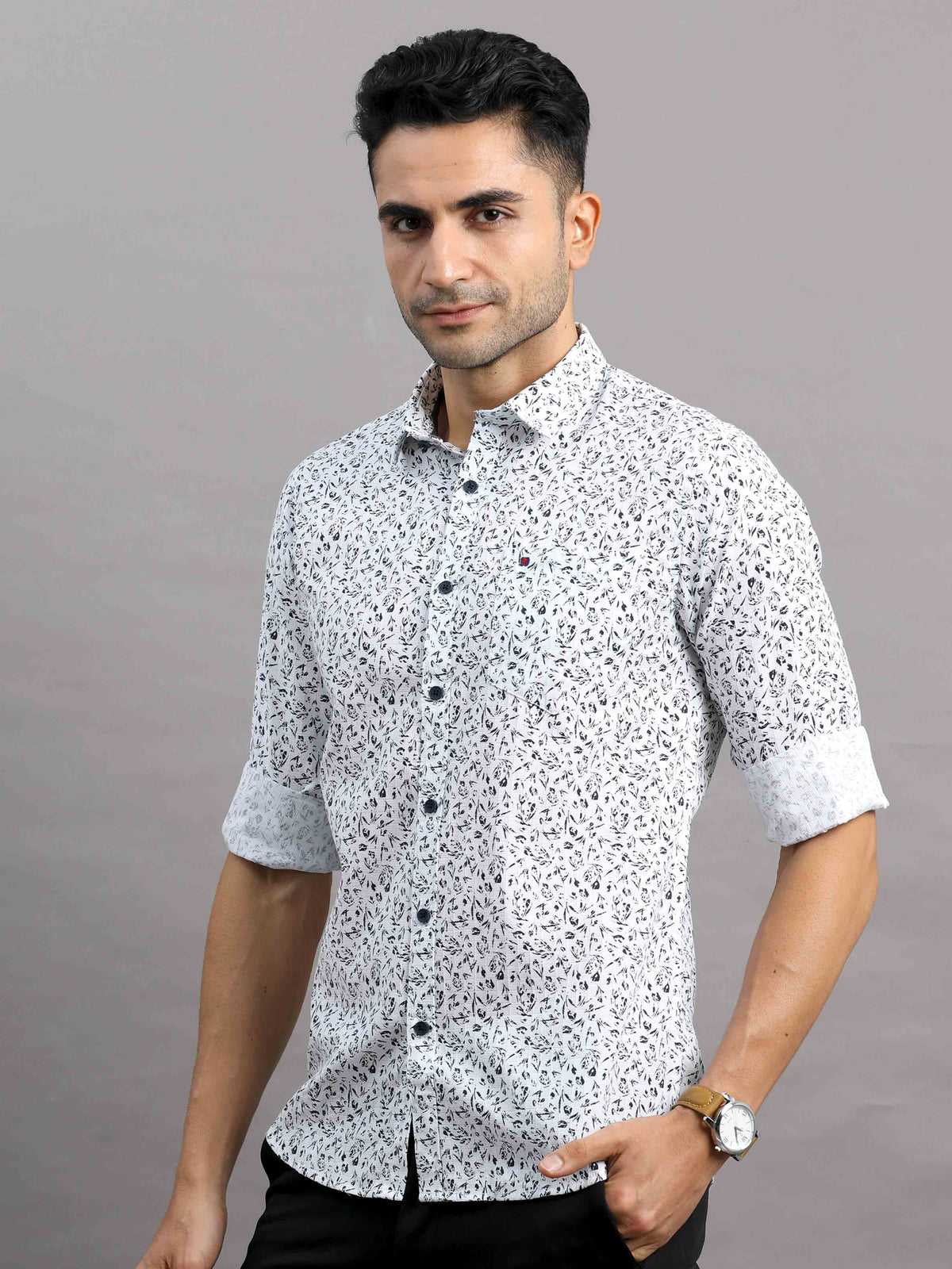 Shop Men's White Cotton Slim Fit Full Sleeves Printed Casual Shirt Online.