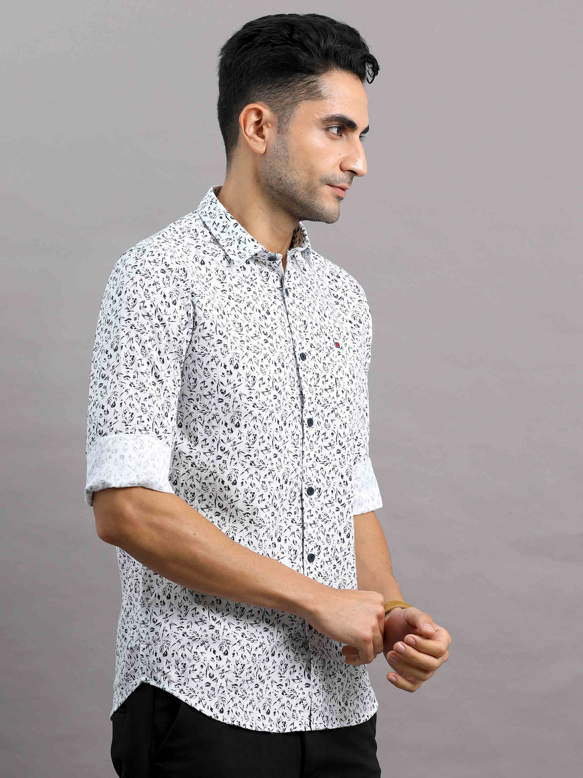 Shop Men's White Cotton Slim Fit Full Sleeves Printed Casual Shirt Online.