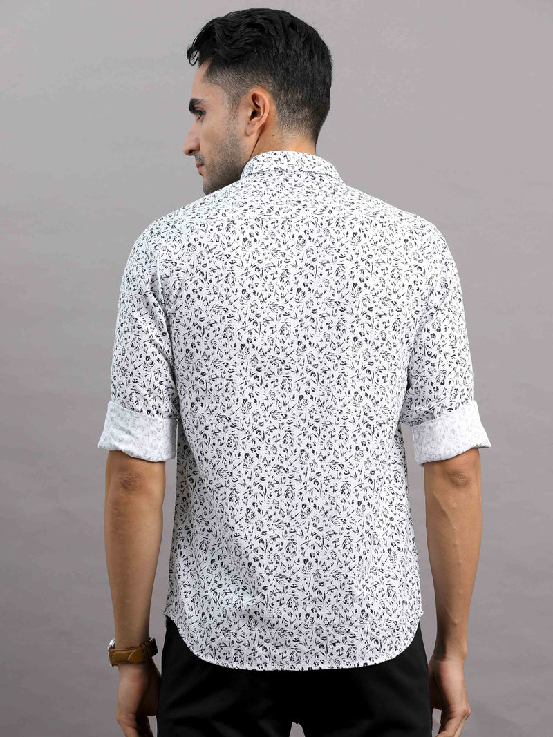 Shop Men's White Cotton Slim Fit Full Sleeves Printed Casual Shirt Online.